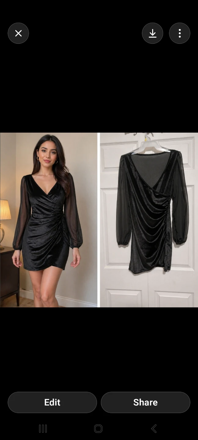 Black Velvet Ruched Mini Dress with Sheer Sleeves - photo 2