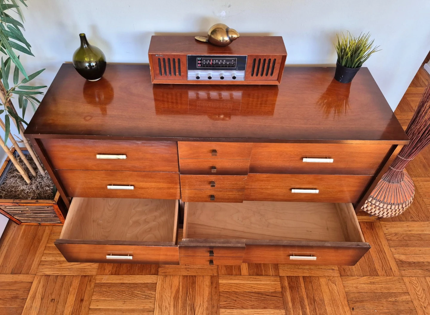 MCM Solid Walnut 6 Drawer Dresser With Brass Pull Handles - photo 5