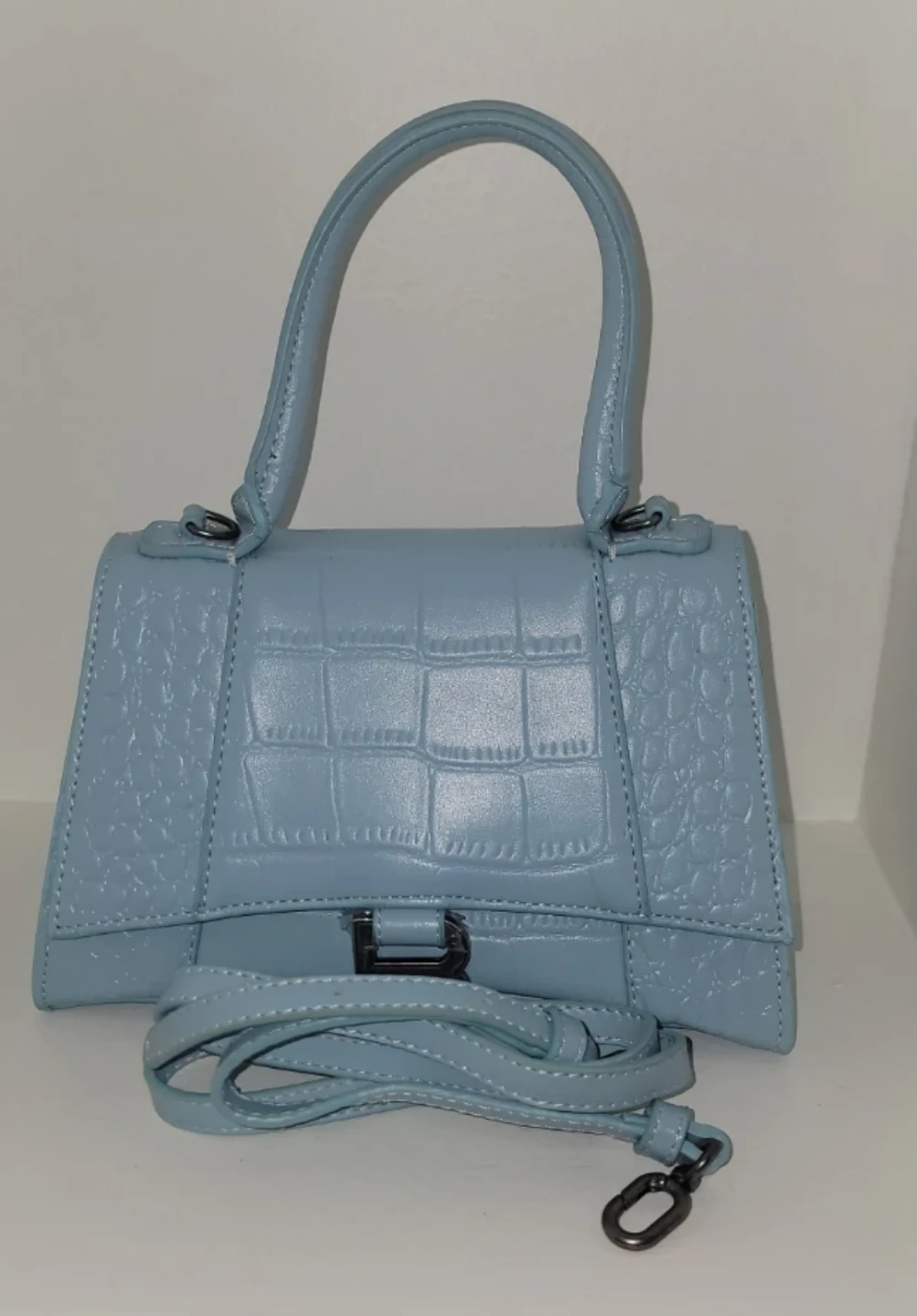 Light Blue Crocodile Embossed Handbag with Strap