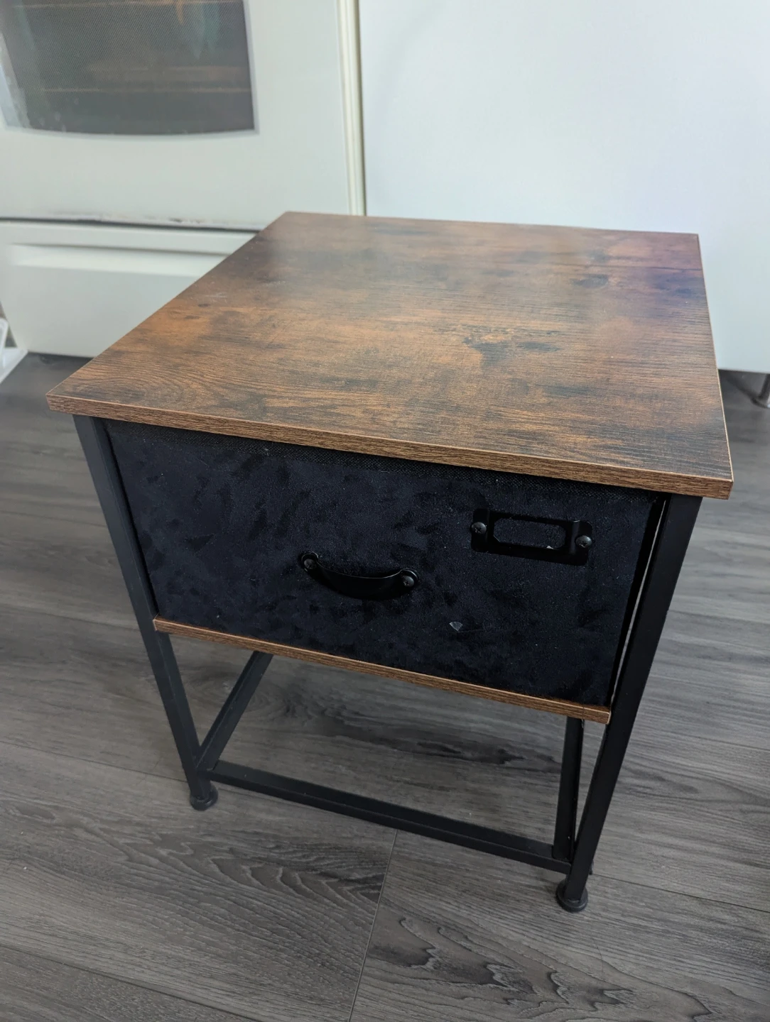 Rustic Wood and Black Fabric Nightstand / End Table