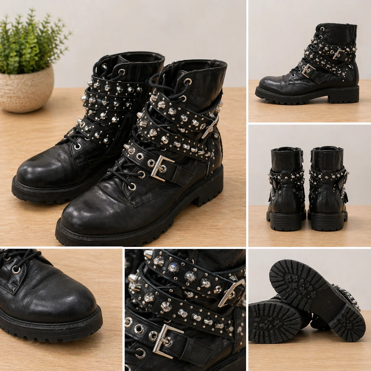 Black Studded Buckle Combat Boots