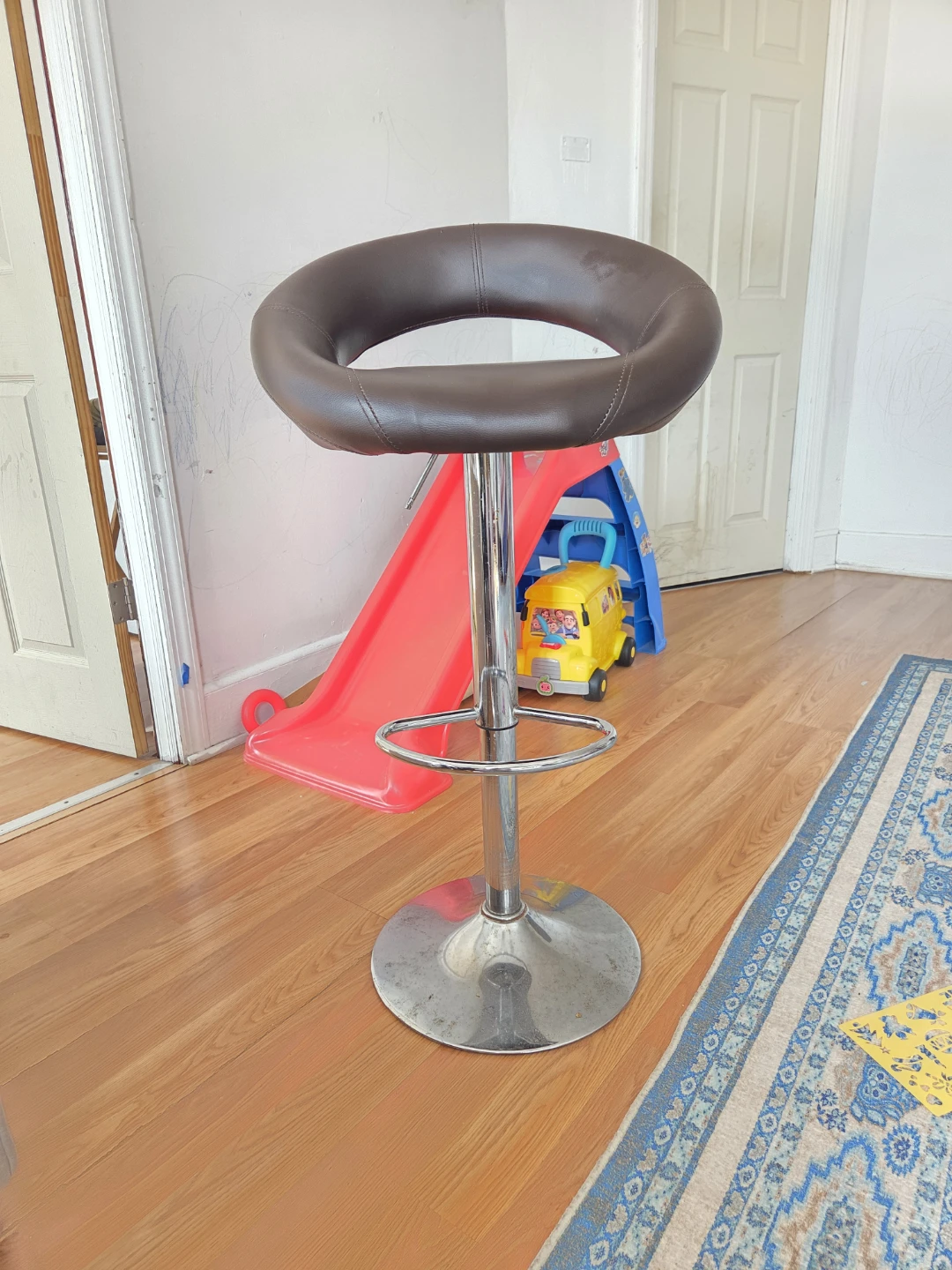 Adjustable Bar Stool - Brown Faux Leather - photo 2