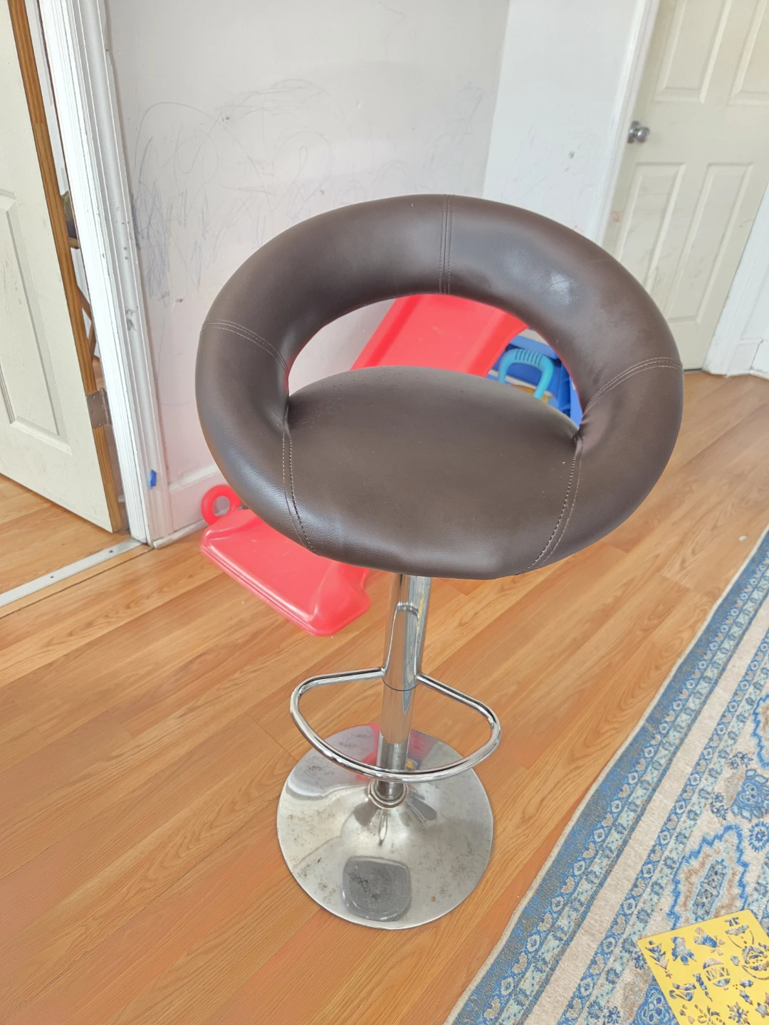 Adjustable Bar Stool - Brown Faux Leather - photo 3