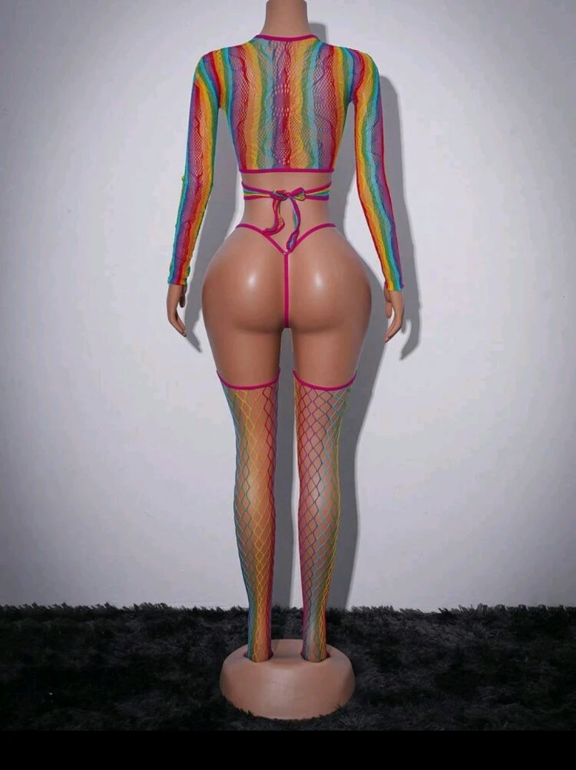 Rainbow Fishnet Lingerie Set with Thong and Stockings