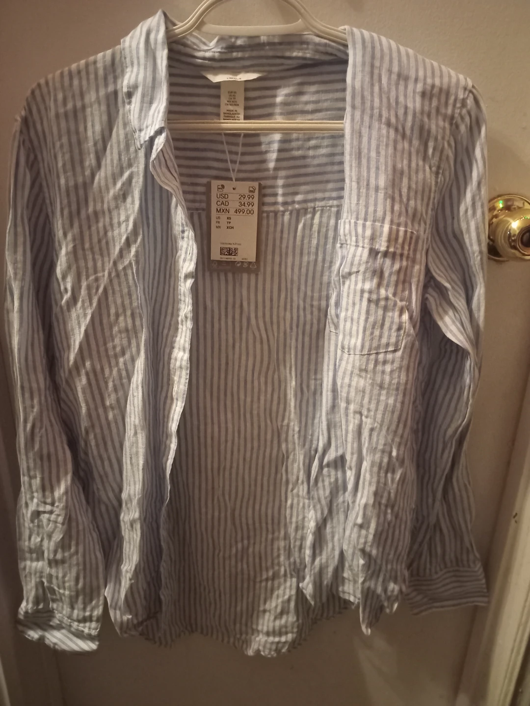 Brand New &M Linen Blend Striped Button-Up Shirt XS