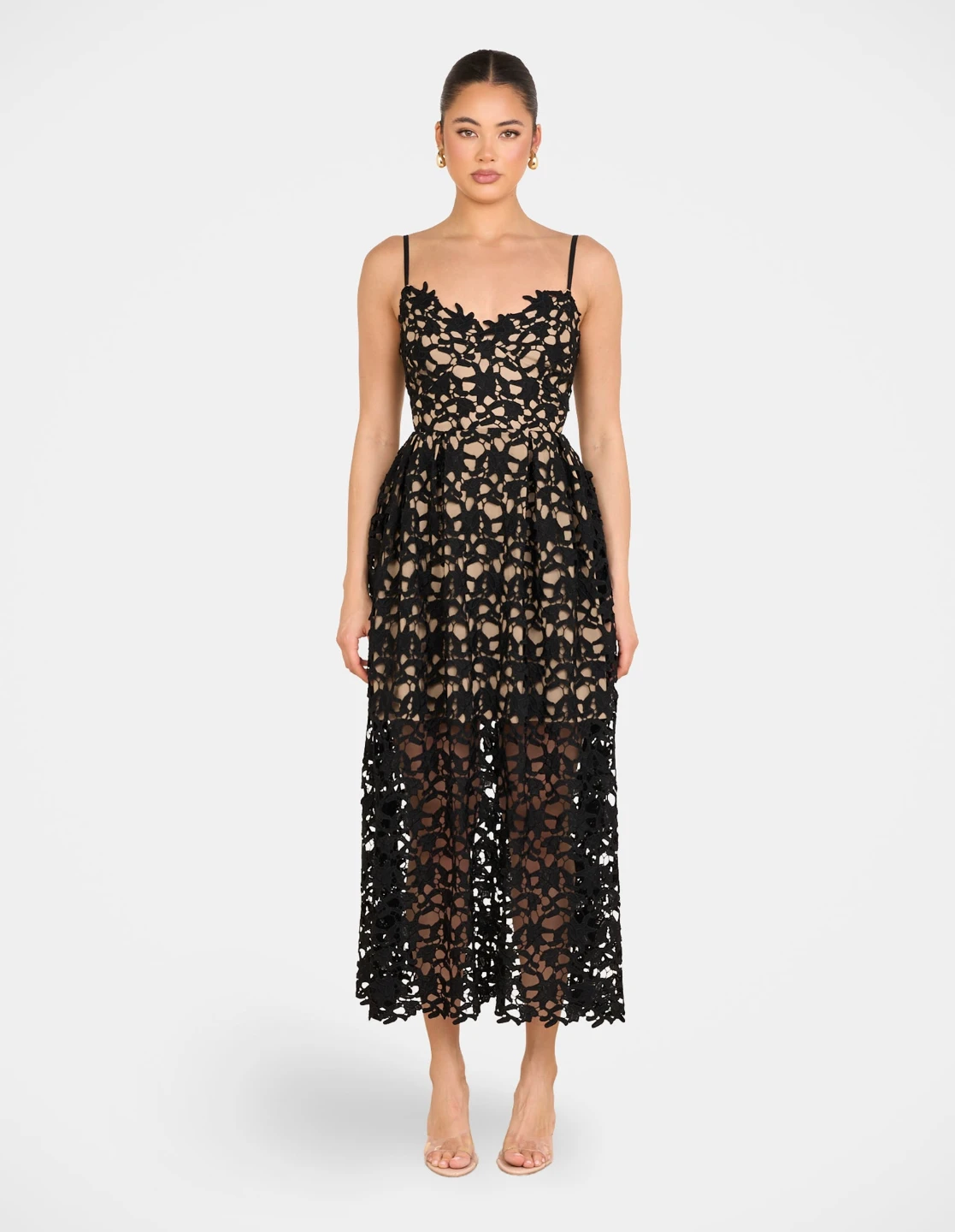 Black Lace Midi Dress with Nude Lining