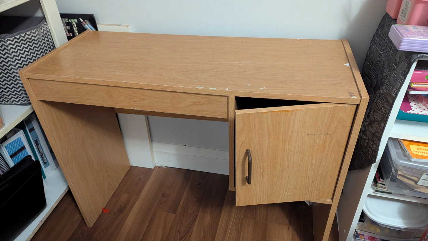 Light Wood Desk with Drawer and Cabinet