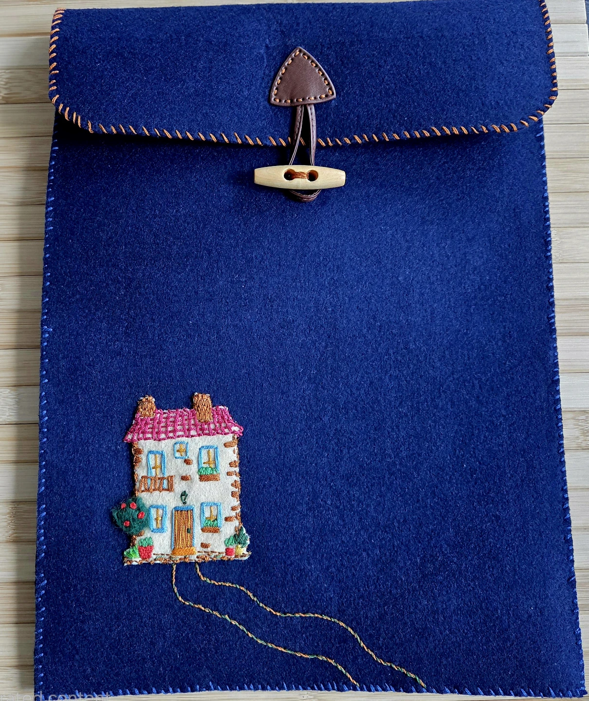 Handmade Felt Laptop Sleeve with Embroidered House