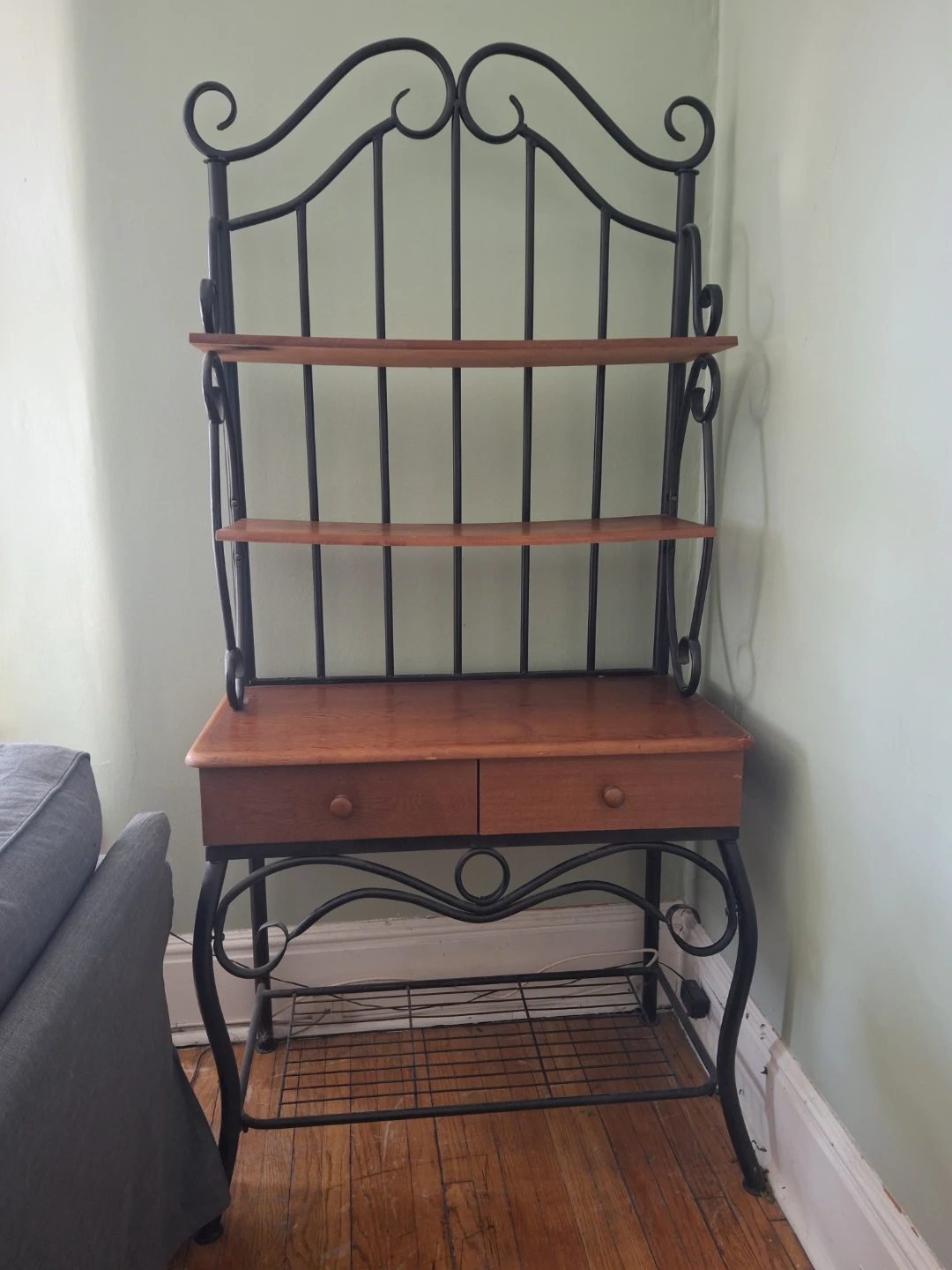 Wrought Iron and Wood Baker's Rack with Shelves and Drawers