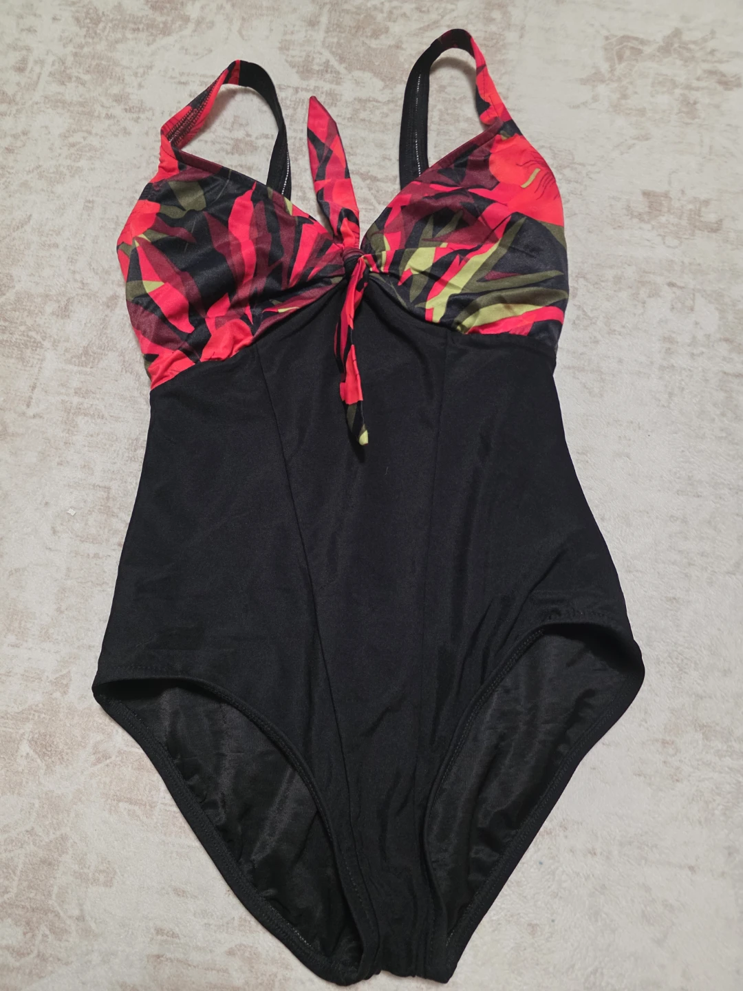 Women's One-Piece Swimsuit - Floral Print Top, Black Bottom
