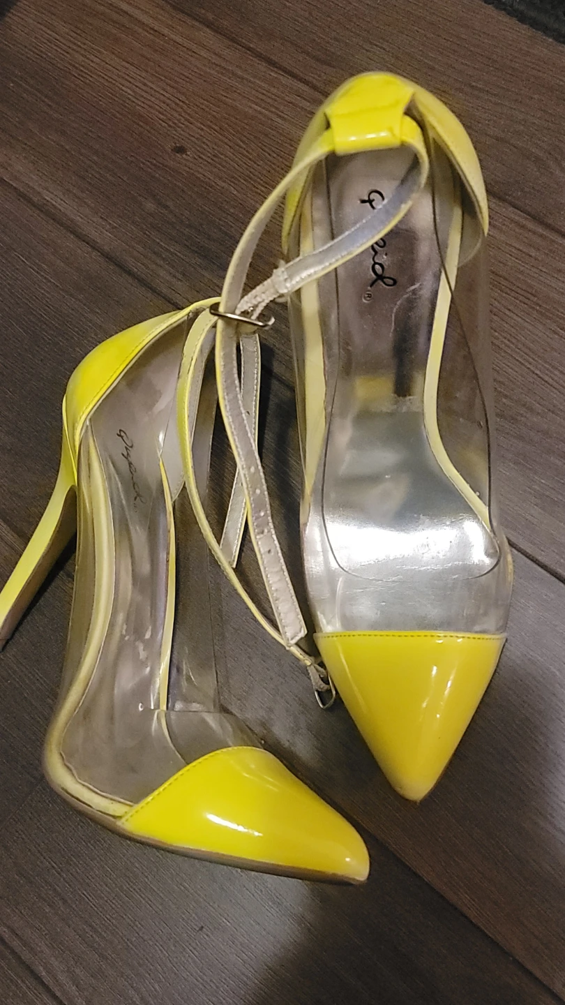 Qupid florescent Yellow Patent Clear Stiletto Heels