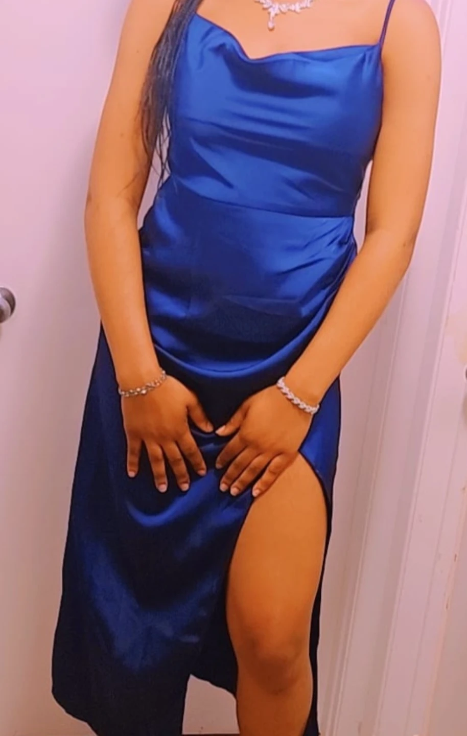 Royal Blue Satin Slip Dress with High Slit