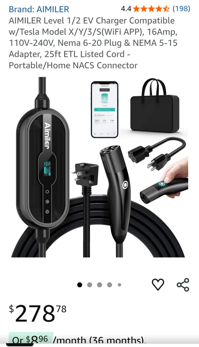 AIMILER Level 1/2 EV Charger with WiFi App, 16Amp, 25ft Cord