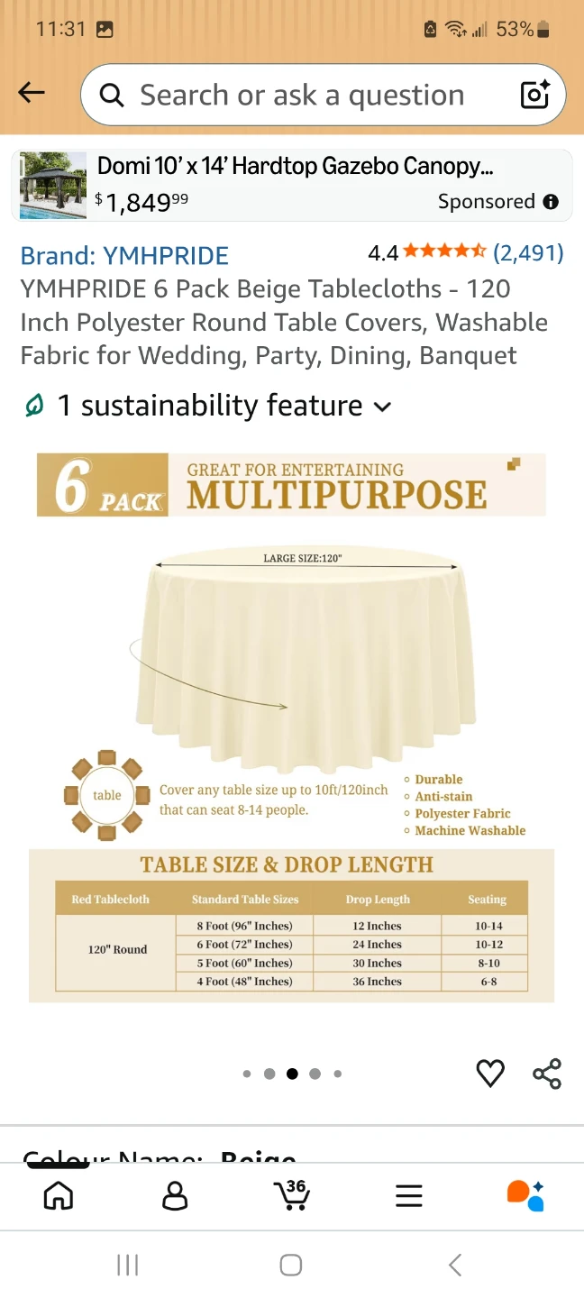 YMHPPRIDE 6 Pack Beige Tablecloths - 120 Inch Round Polyester - photo 2