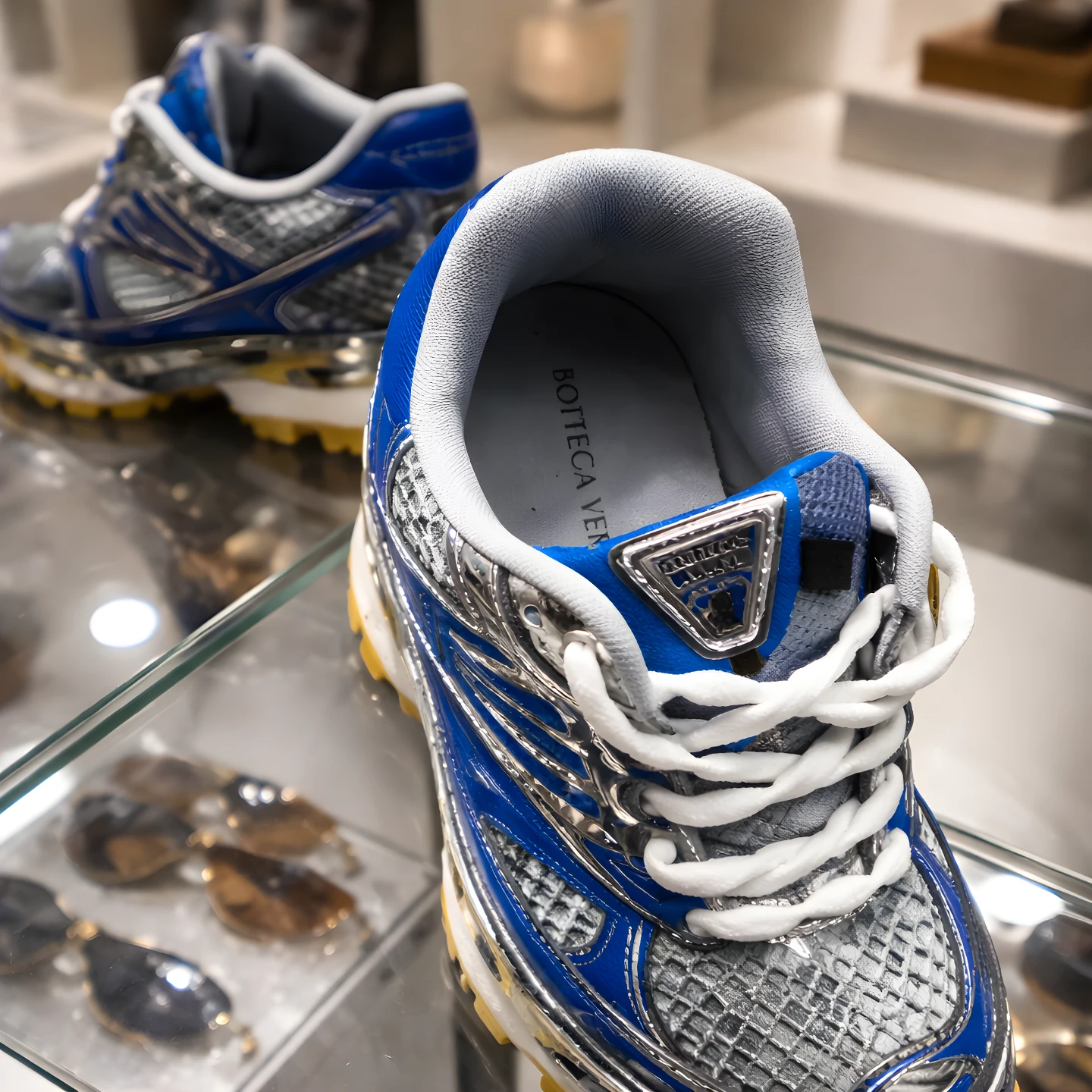 Bottega Veneta Silver and Blue Leather Sneakers