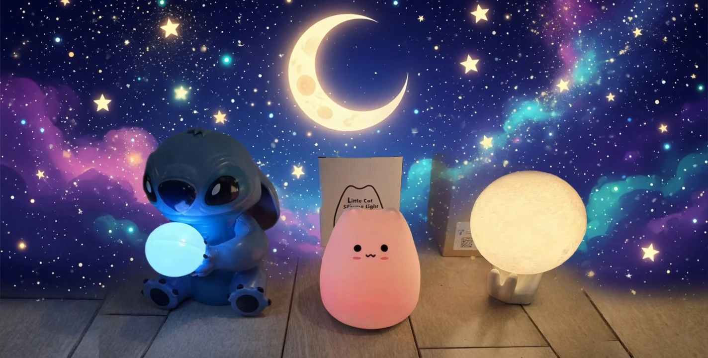 Bundle of 3 Cute Night Lights: Disney Stitch, Little Cat, Moon - photo 2