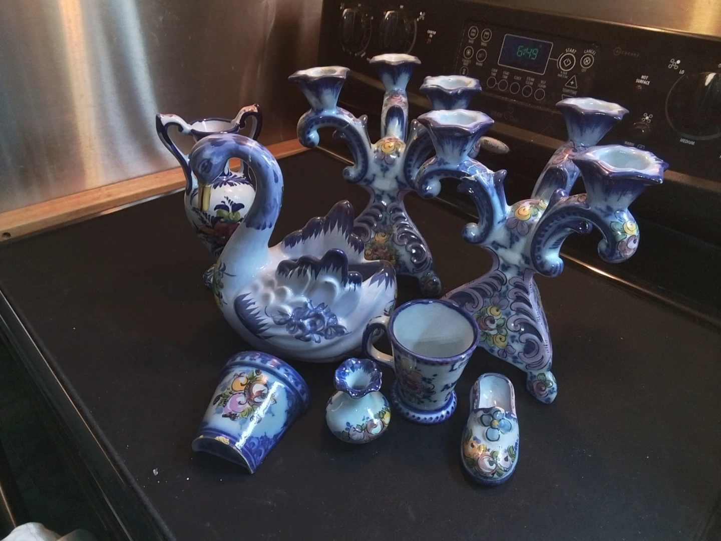 Vintage Portuguese Ceramic Swan and Candelabra Set