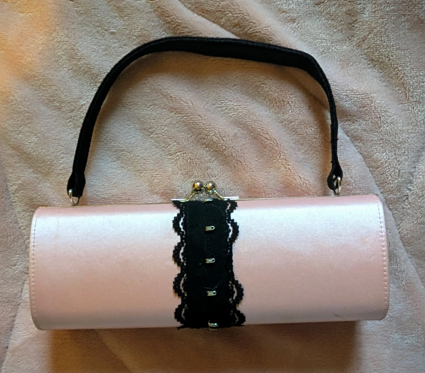 Pink Satin Cylindrical Clutch Purse with Black Lace