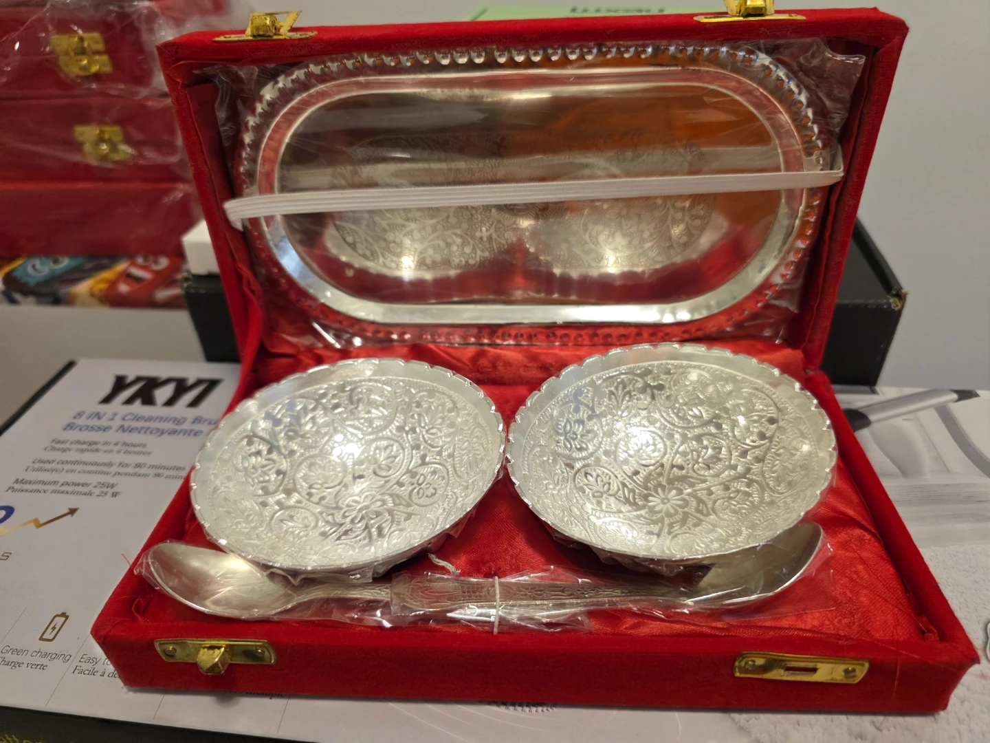Silver Tone Decorative Bowl and Spoon Set with Tray