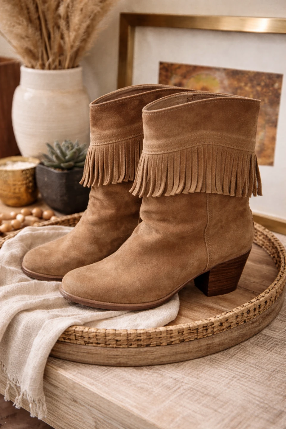 Brown Suede Fringe Ankle Boots