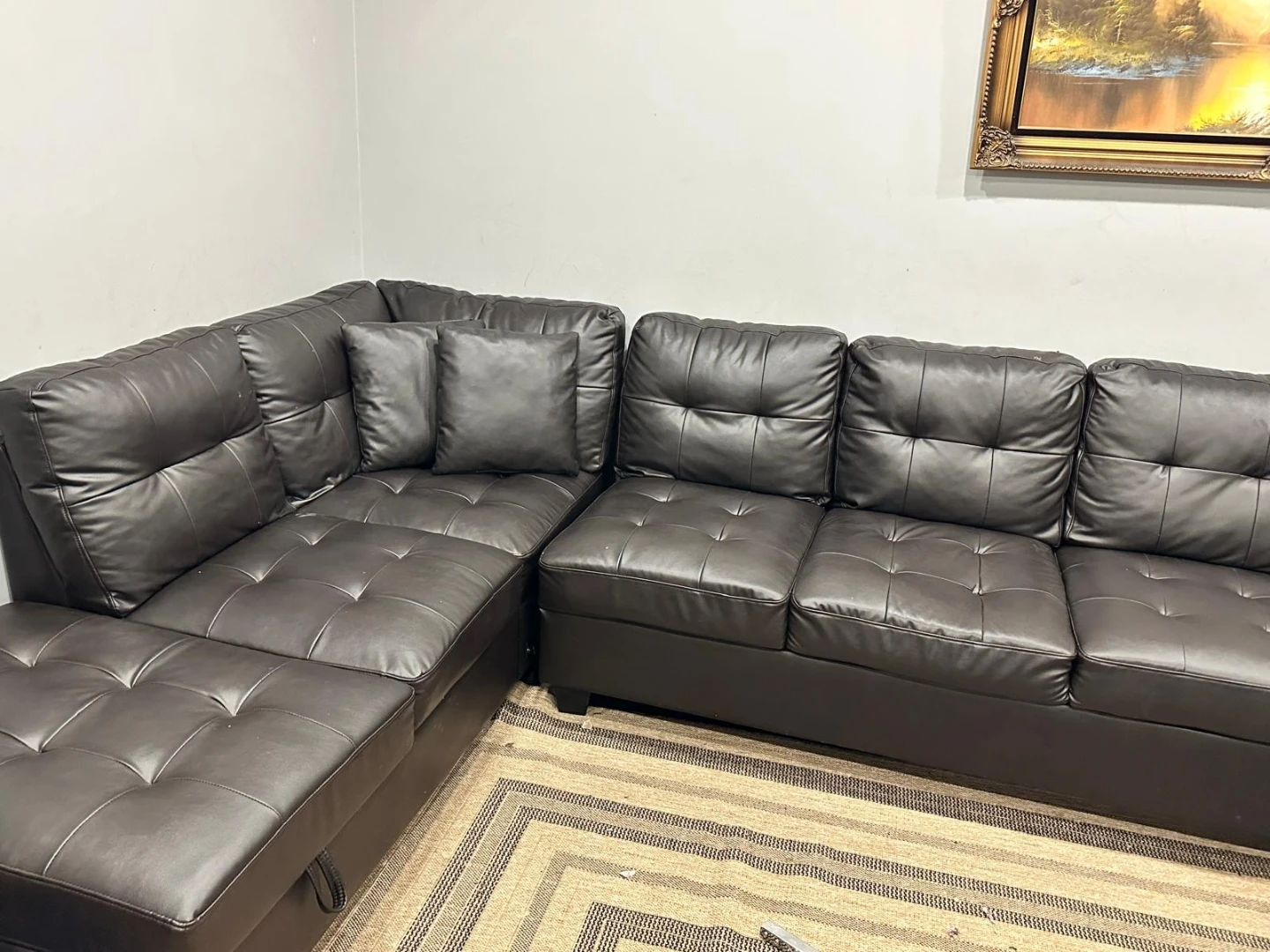 Dark Brown Faux Leather Sectional Sofa with Storage