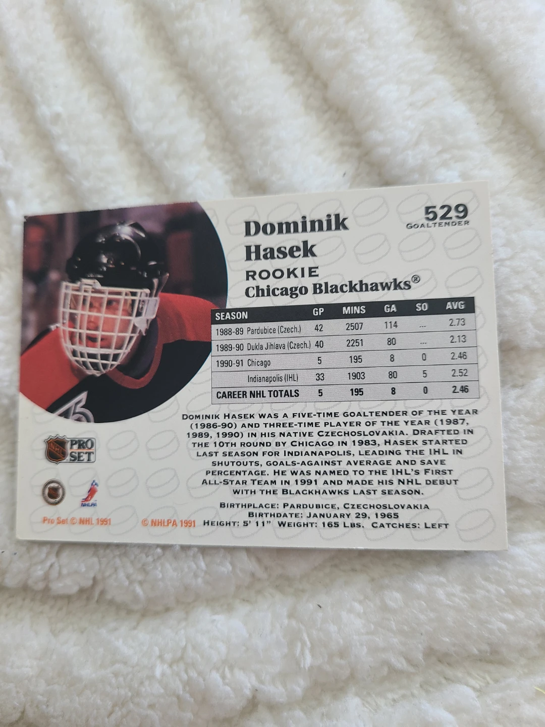 1991 Pro Set Dominik Hasek Rookie Hockey Card - photo 2