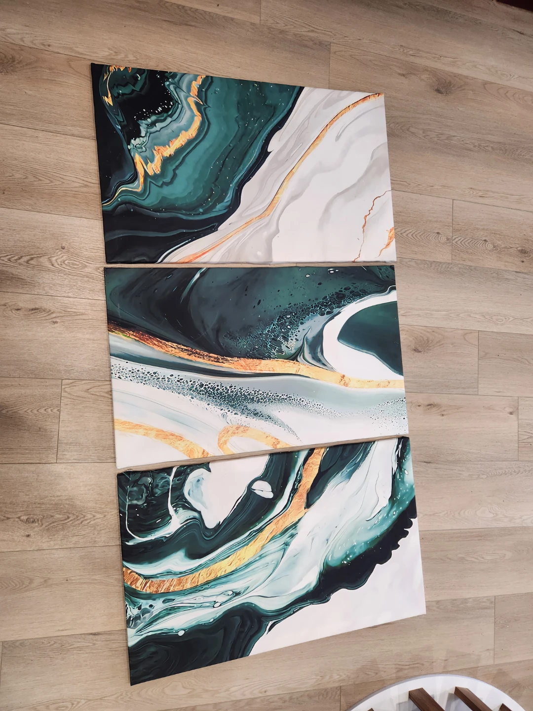 Set of 3 Abstract Canvas Art Prints - Green & Gold Marbling