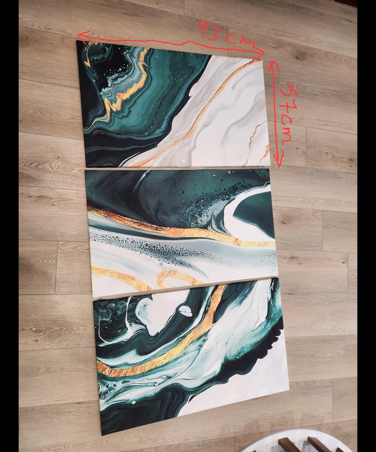 Set of 3 Abstract Canvas Art Prints - Green & Gold Marbling - photo 2