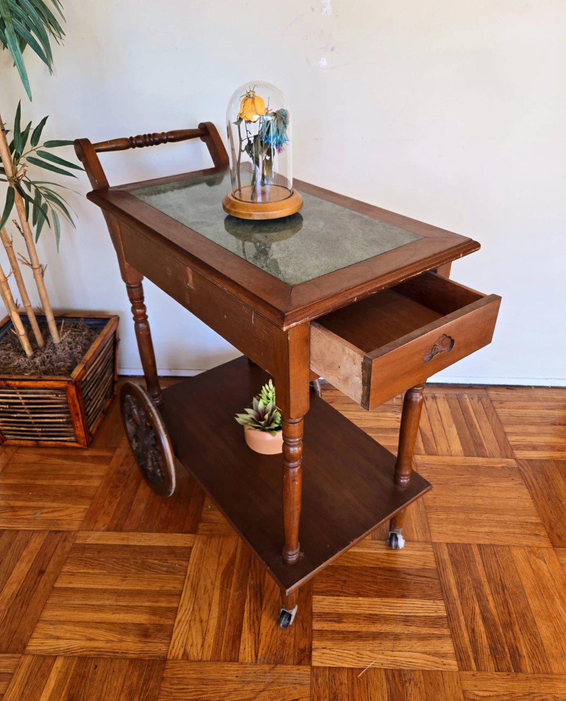 Antique Walnut Rolling Tea Cart With Green Stone Top