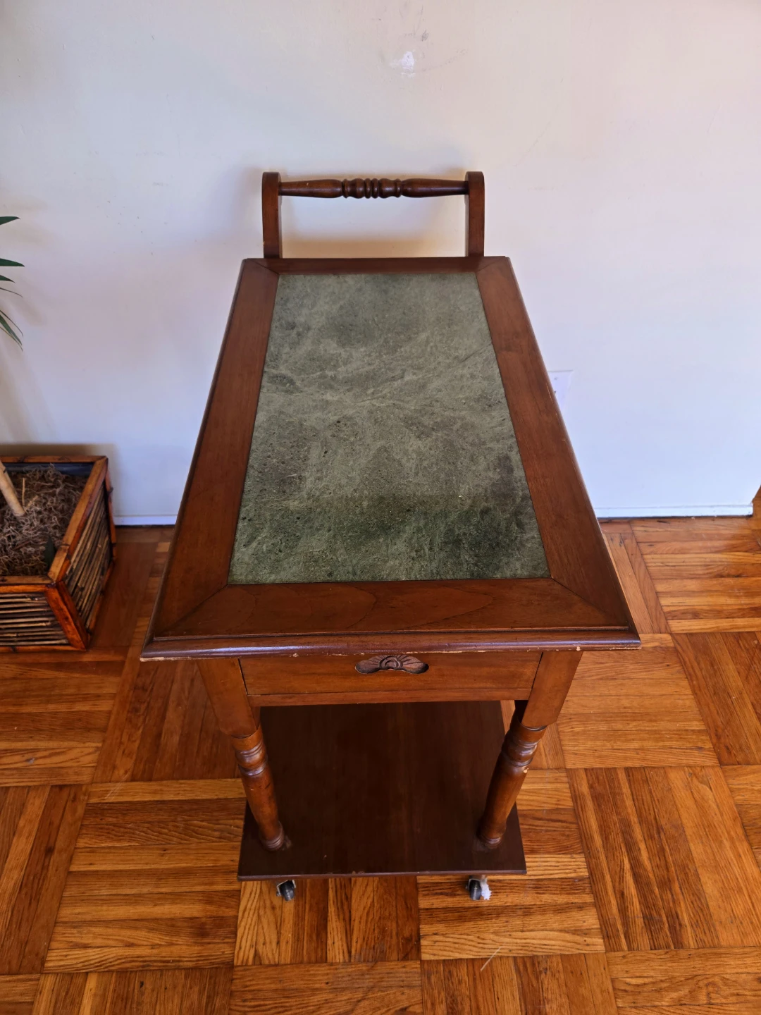 Antique Walnut Rolling Tea Cart With Green Stone Top - photo 2