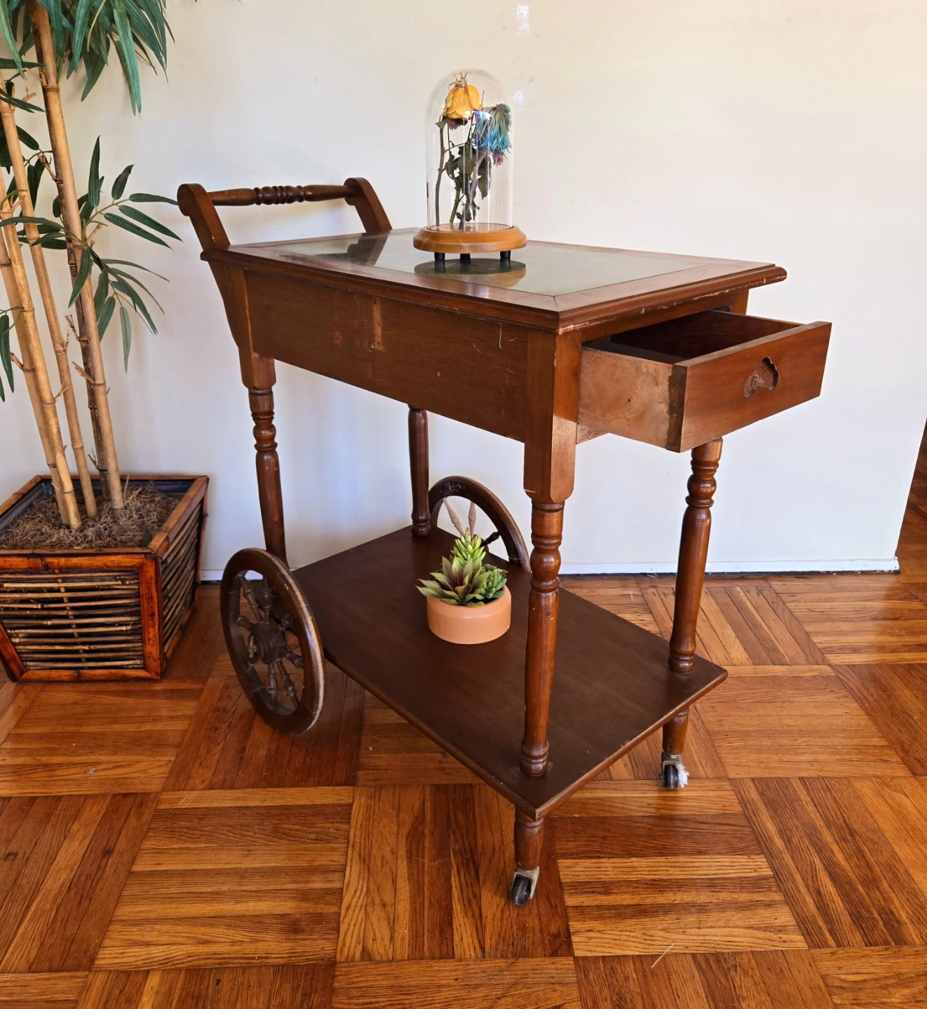 Antique Walnut Rolling Tea Cart With Green Stone Top - photo 4