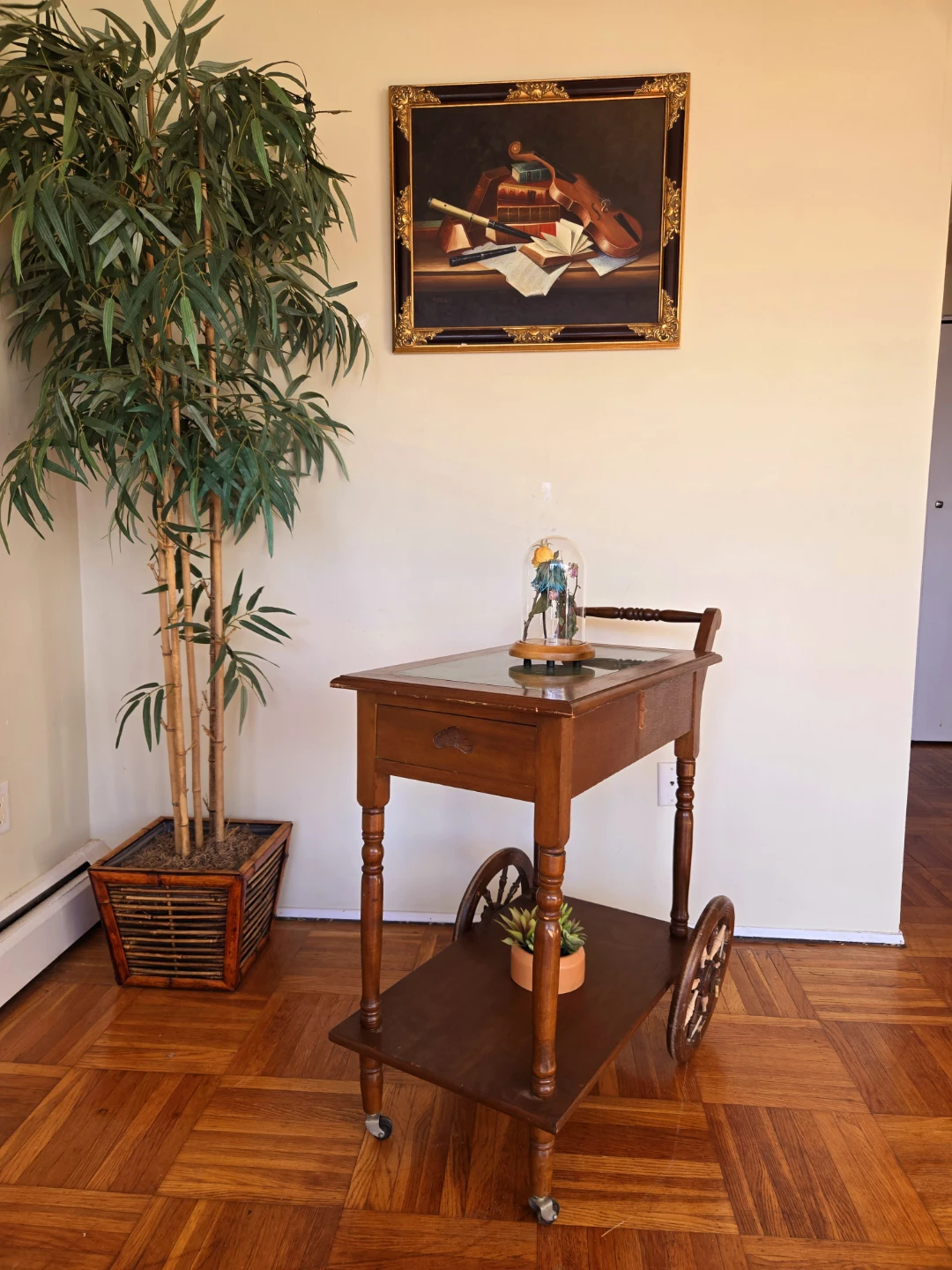 Antique Walnut Rolling Tea Cart With Green Stone Top - photo 5
