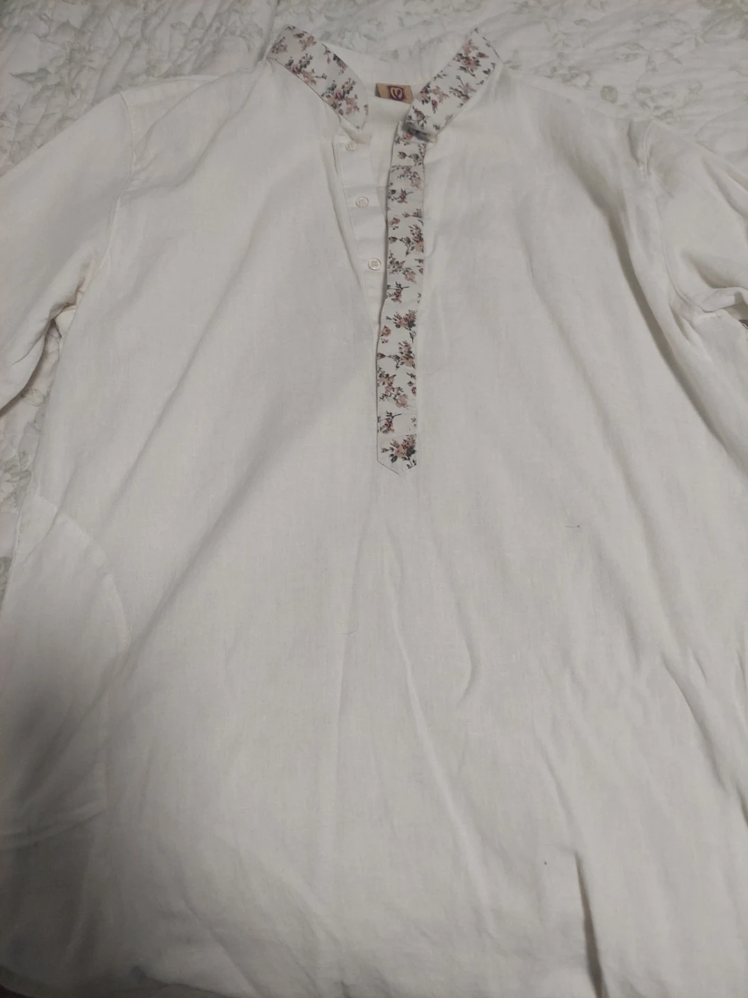 White Linen Blend panjabi with Floral Collar - Size L/40 - photo 3