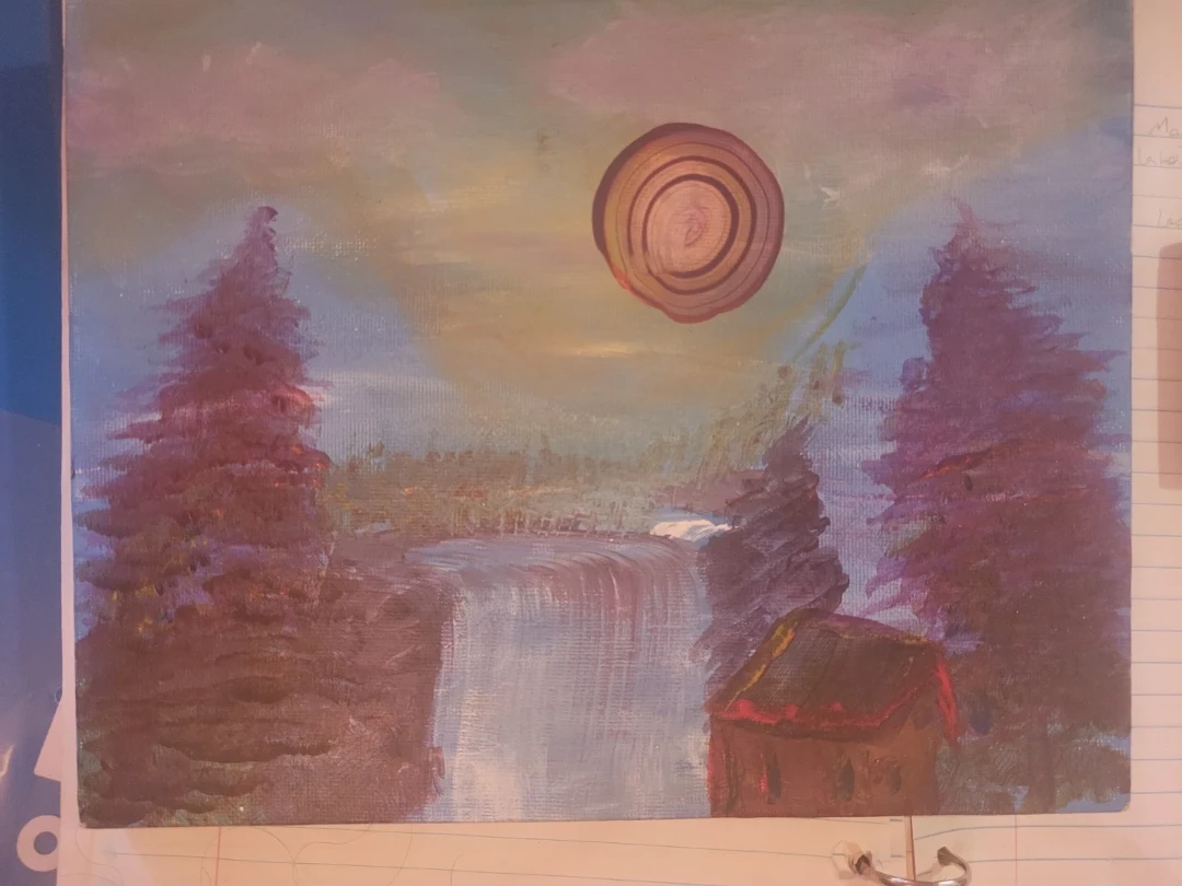 Landscape Painting - Waterfall and Cabin (Alcan Art)