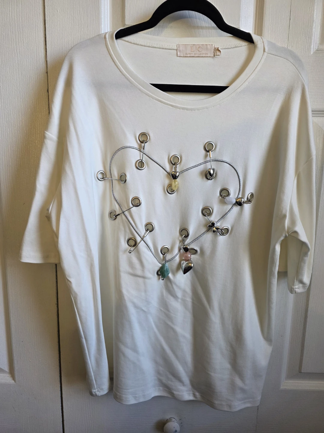White T-Shirt with Heart Embellishment