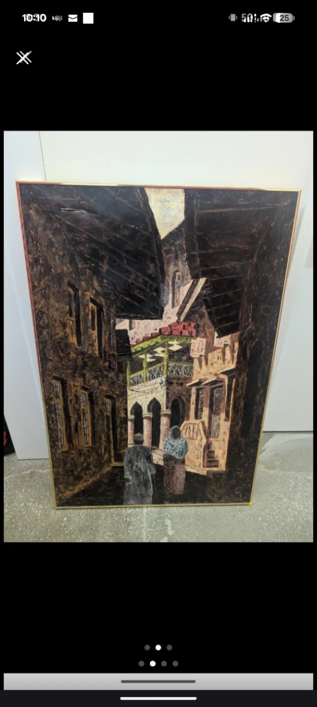 Framed Painting of a Narrow Street Scene with Two Figures
