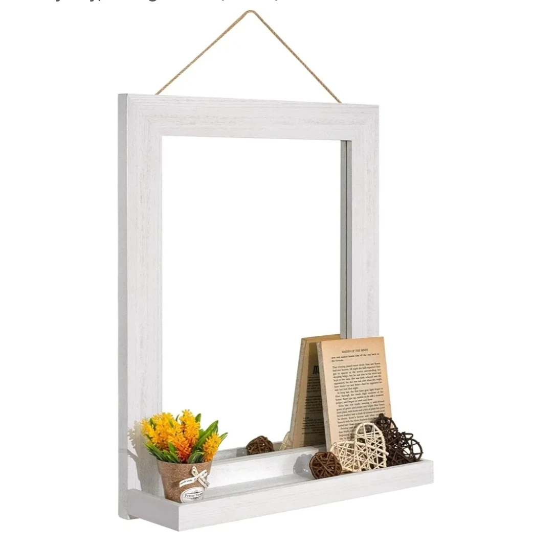 White Wooden Wall Mirror with Shelf