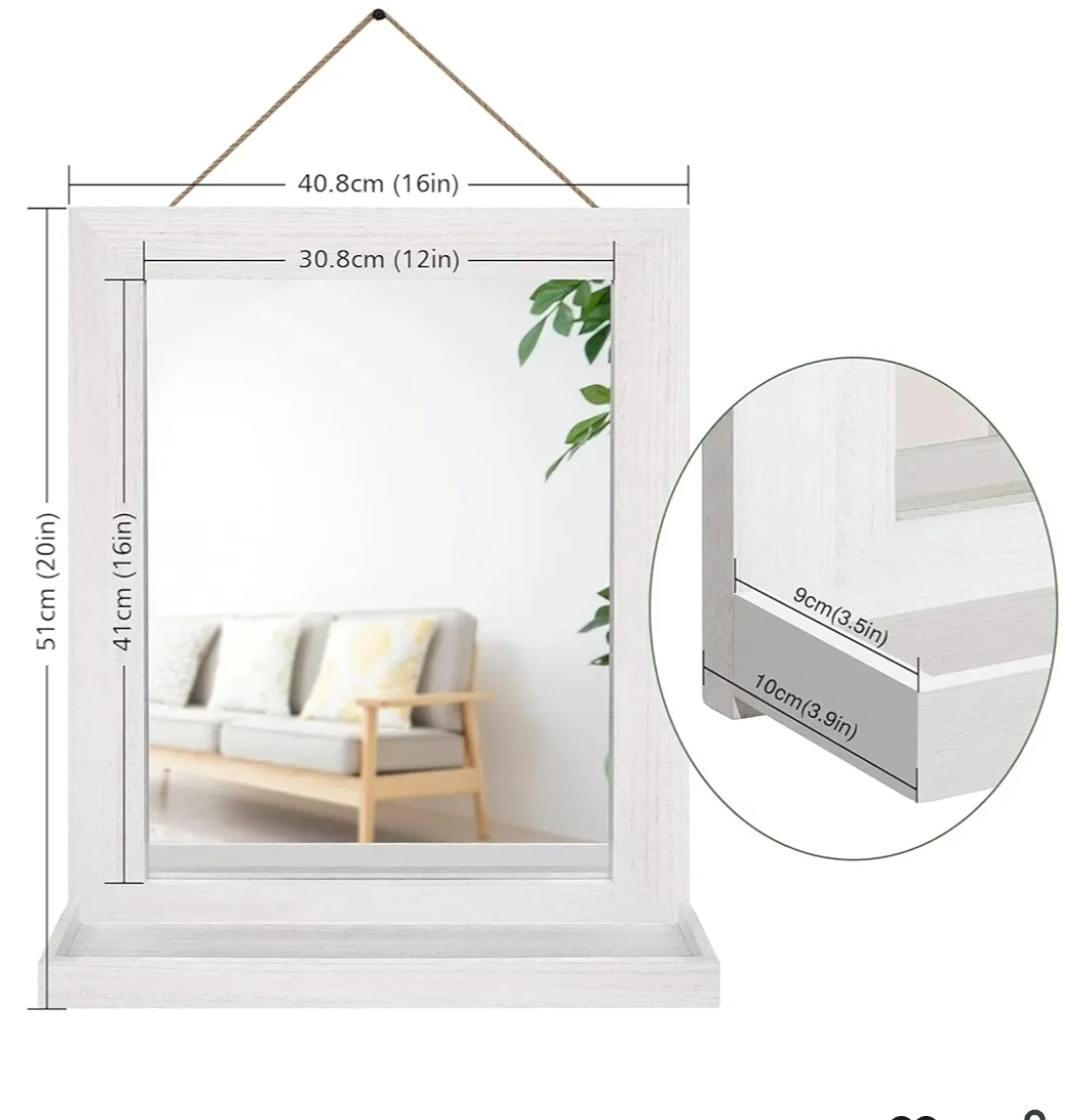 White Wooden Wall Mirror with Shelf - photo 2