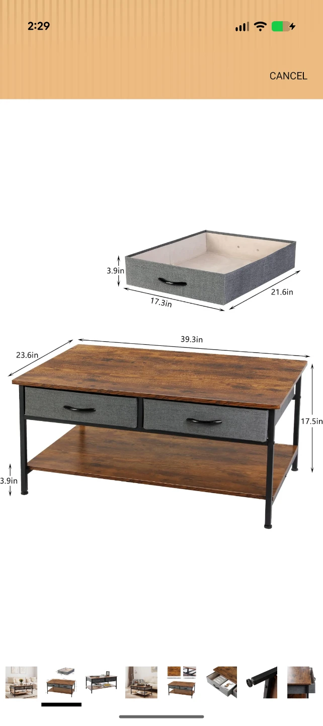 Rustic Brown Coffee Table with 2 Drawers and Shelf