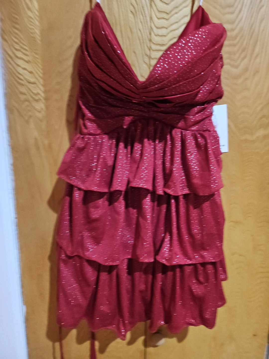 Red Sparkly Strapless Tiered Dress