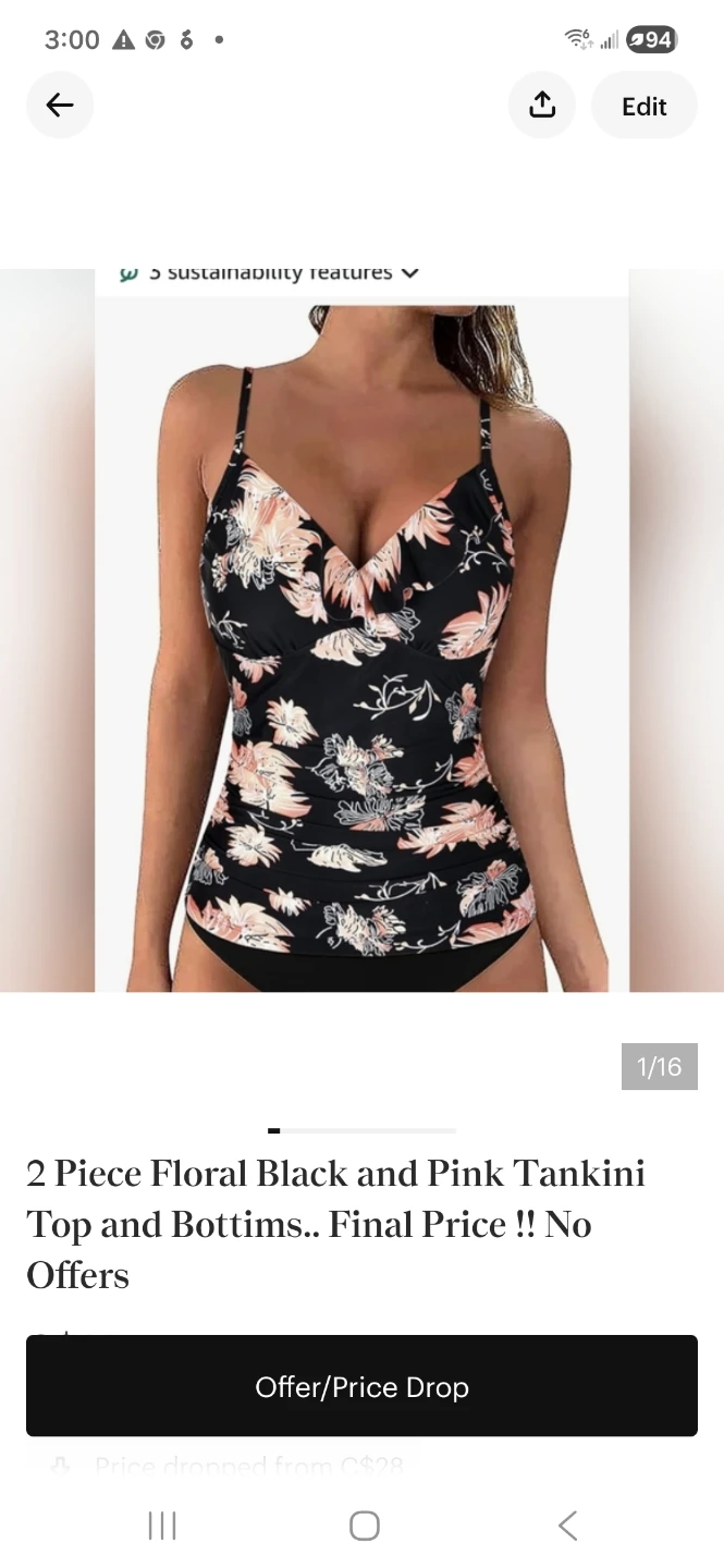 2 Piece Floral Black and Pink Tankini Set
