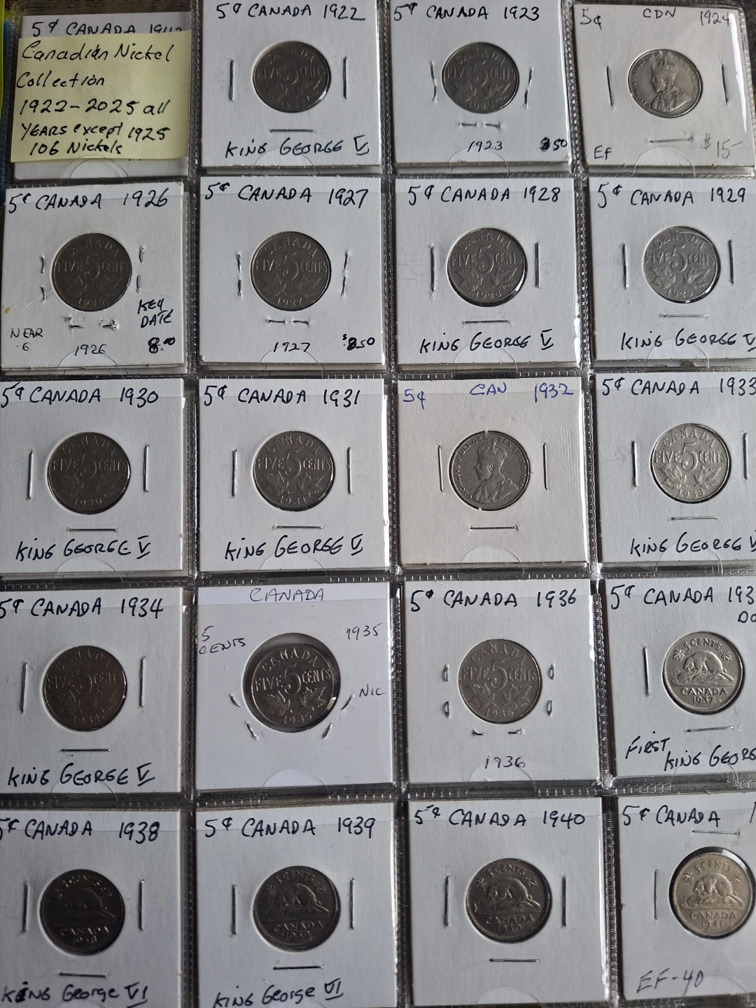 Every year Canadian 5 cent coin Collection 1922-2025