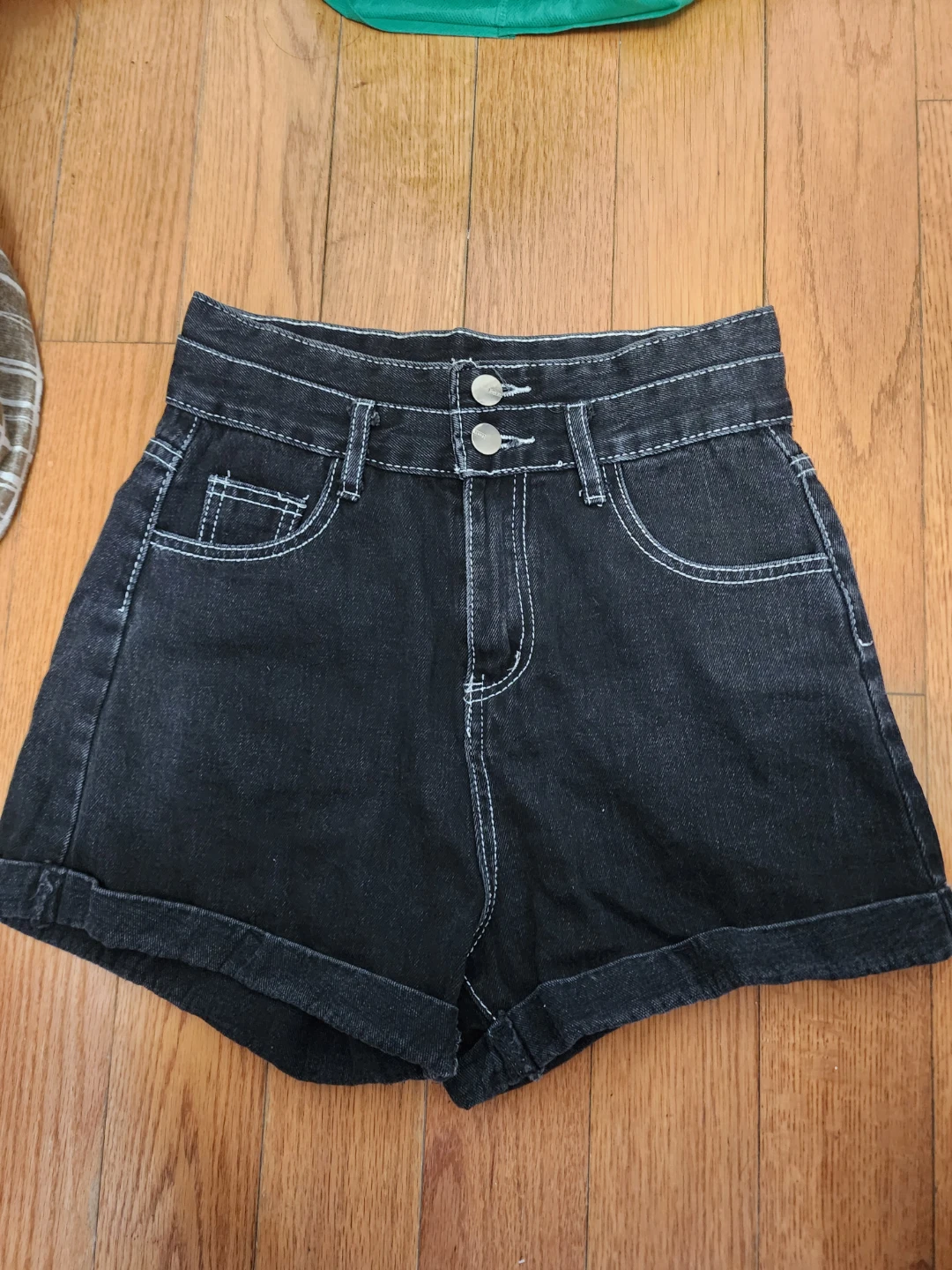 High-Waisted Black Denim Shorts - Size S  - Contrast Stitch
