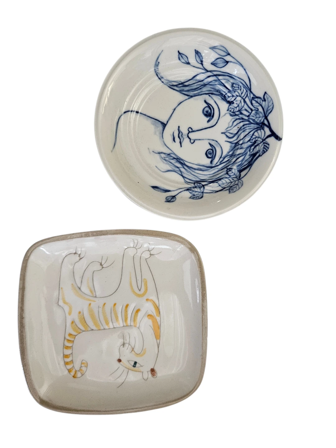Hand-Painted Ceramic Plates - Woman and Cat Designs