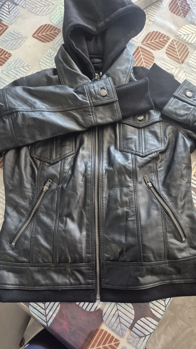 Black Real Leather Jacket with Hood