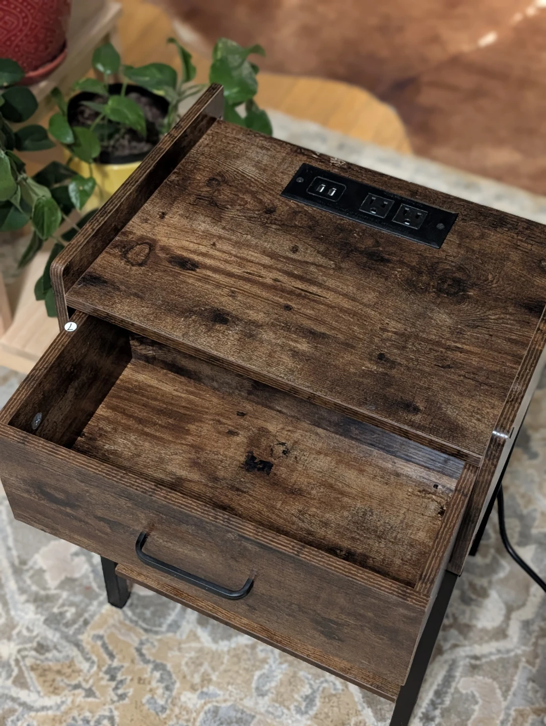 Rustic Brown Nightstand with Drawer and Power Outlets - photo 2