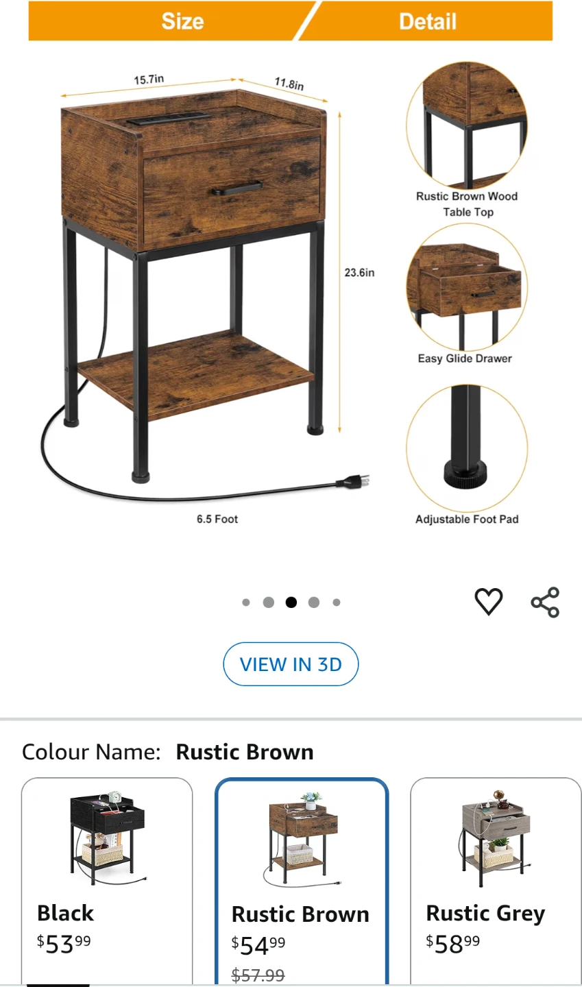 Rustic Brown Nightstand with Drawer and Power Outlets - photo 4
