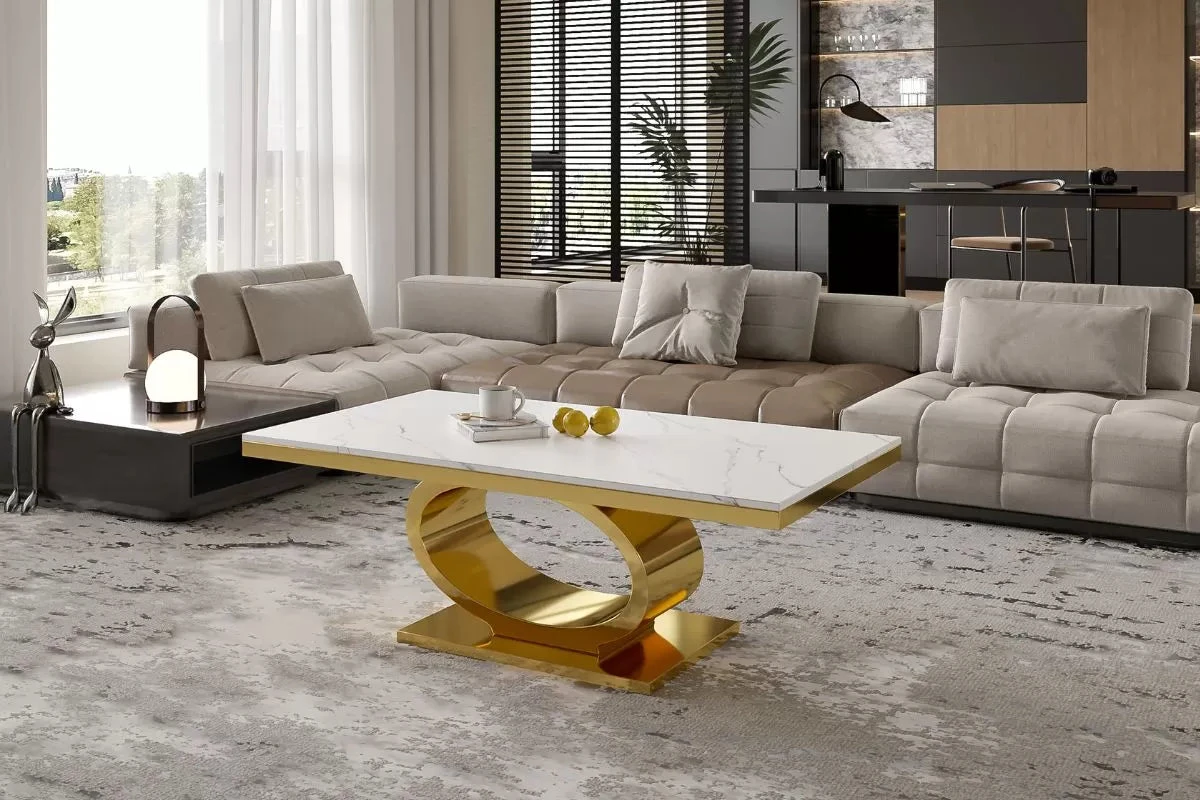 Modern Marble Top Coffee Table with Gold Base