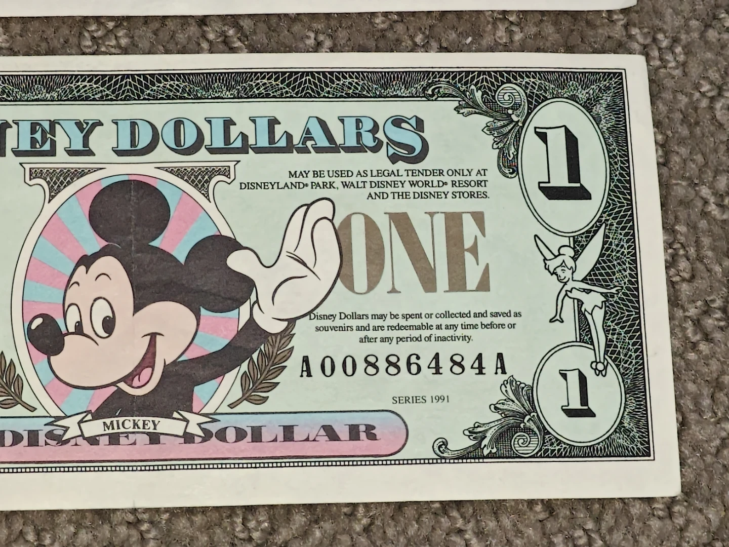 Vintage 1991 Disney Dollars $1 Notes (Mickey & Tinkerbell) Pair - photo 5