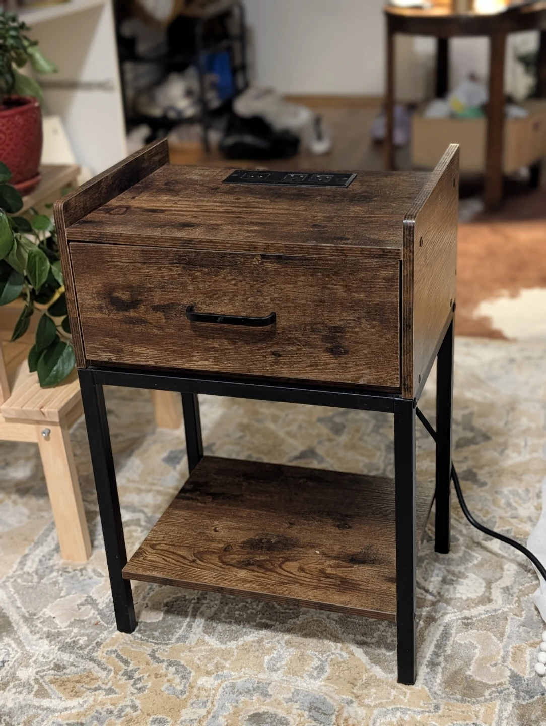 Rustic Brown Nightstand with Drawer and Power Outlets